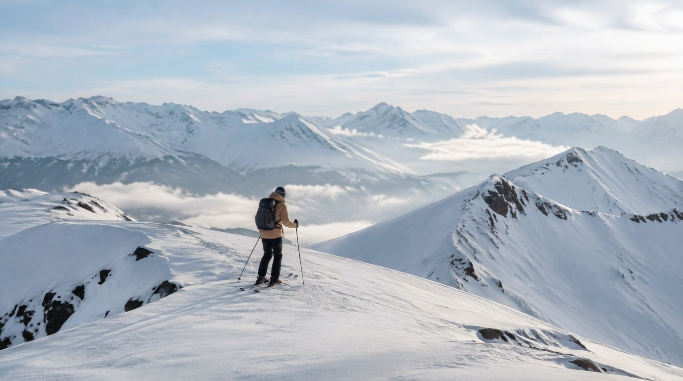 A skier pausing on a quiet alpine ridge